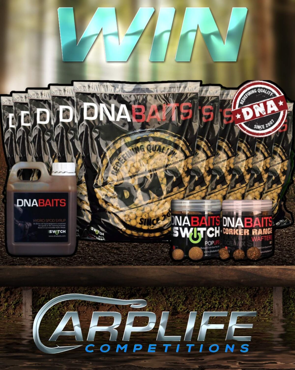 Win a premium DNA Baits bundle in this instant win competition from Carp Life Competitions. Featuring top-quality boilies, wafters, and liquid attractants for carp fishing.